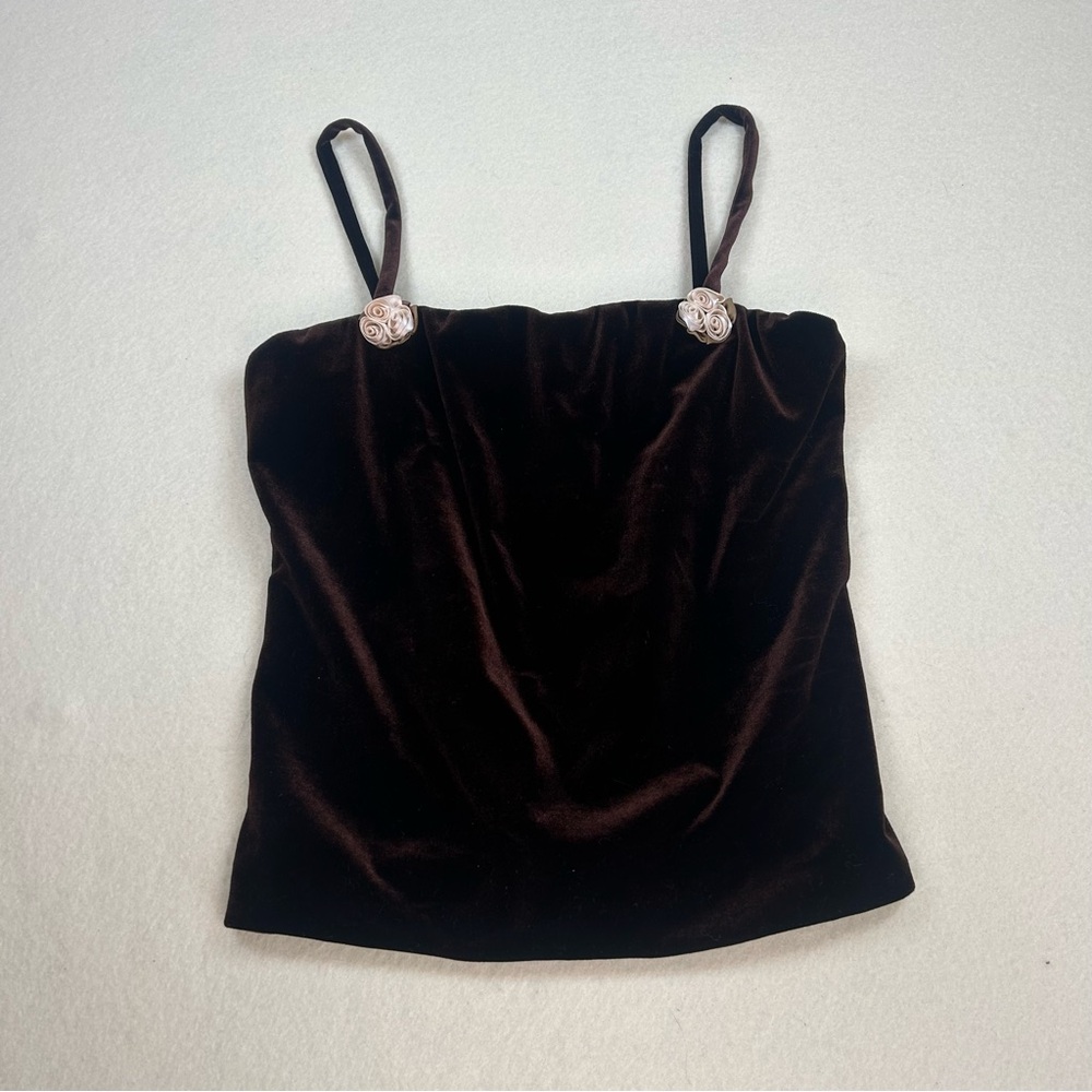 VINTAGE Elegant Brown Velvet Women's Tank Top With light pink rose floral detail